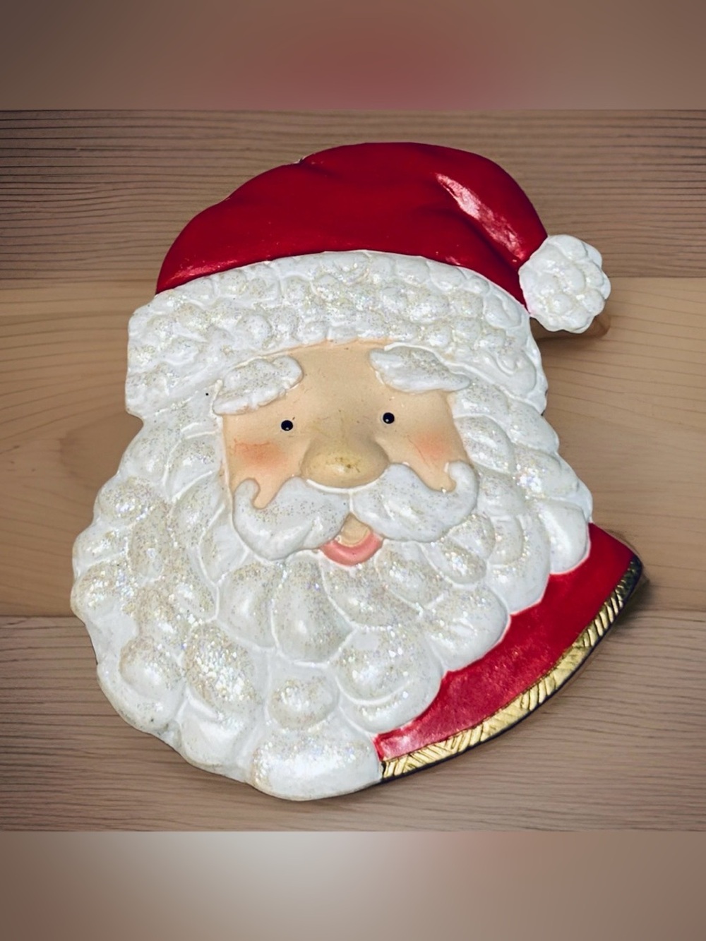 Vintage Ceramic Santa Face Head  Christmas Tree ornament Unique Gold Accents 4”